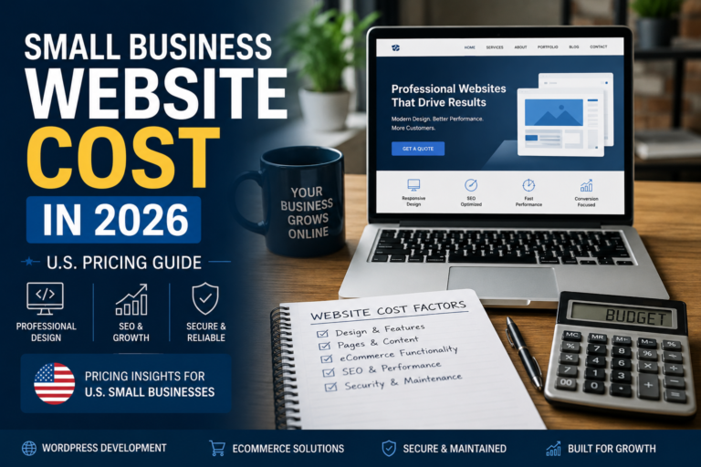 Small business owner reviewing professional website development costs in the USA for 2026